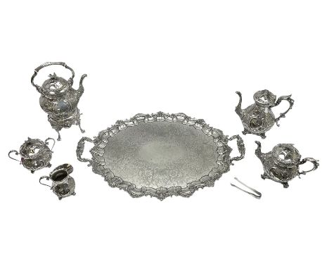 Edwardian silver plated five piece tea service on tray, comprising kettle on stand, teapot, coffee pot, twin handled sucrier 