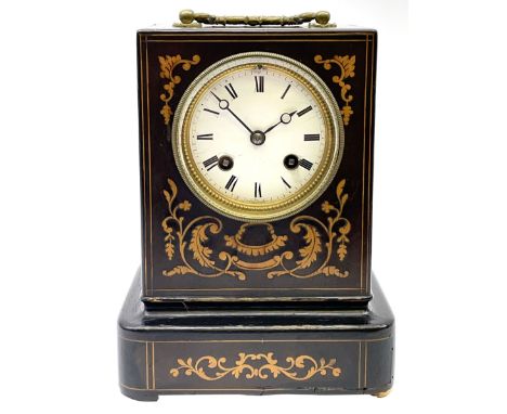 Late 19th century French ebony and satinwood inlaid Pendule D'officer campaign carriage clock, rectangular case with circular