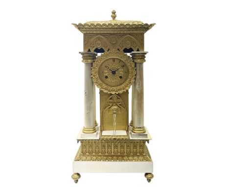 Mid 19th century French silvered and ormolu portico automaton clock in Gothic style case by Leroy A Paris, tile and finial ca