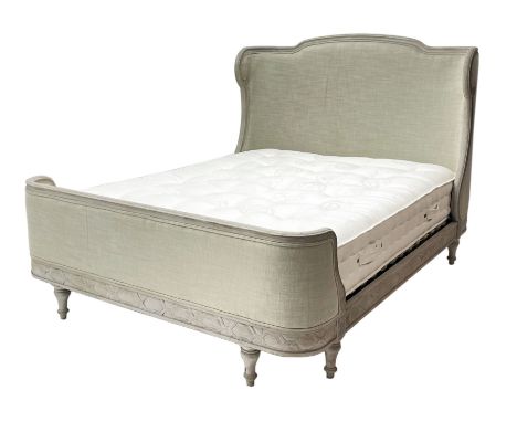 Graham &amp; Green Evelyn - French style Kingsize 5' bedstead upholstered in natural light grey linen, moulded and carved gre