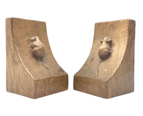Pair 'Mouseman' tooled oak bookends carved with mouse signature, by Robert Thompson of KilburnDimensions: Height:&nbsp;16cm&n