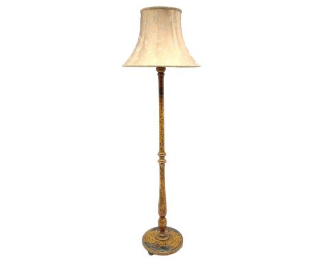 Early 20th century Chinoiserie lacquered standard lamp, decorated in relief with fishing scenes and dragon, with shade