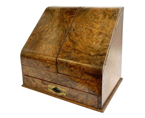 Late Victorian walnut correspondence box, the figured sloped front opening to reveal a fitted interior with letter rack, cale