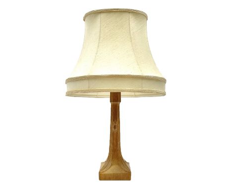 'Mouseman' carved oak table lamp with mouse signature, fitted with cream shade, by Robert Thompson of Kilburn, H25.5cm (measu