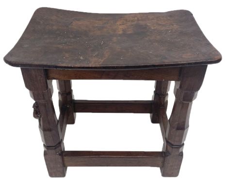 'Mouseman' 1930/40s adzed oak joint stool, dished figured burr seat, on shaped octagonal supports joined by stretchers, carve