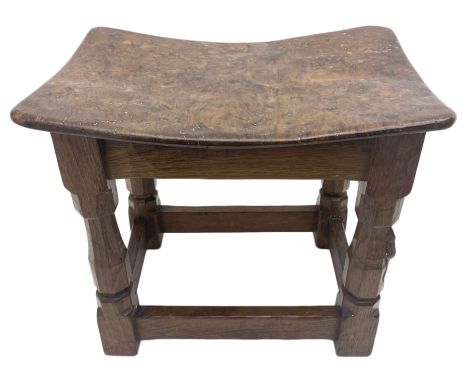 'Mouseman' 1940s adzed oak joint stool, dished figured burr seat, on shaped octagonal supports joined by stretchers, carved w
