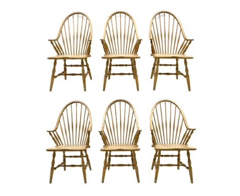 Set six American style Windsor dining chairs, shaped hoop and stick backs, dished seats, turned supports joined by stretchers