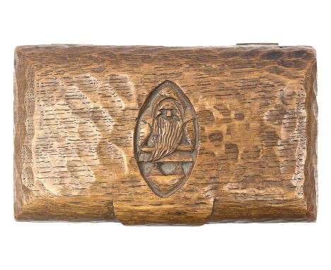 'Gnomeman' tooled oak trinket box, the hinged lid relief carved with gnome signature, by Thomas Whittaker of LittlebeckDimens