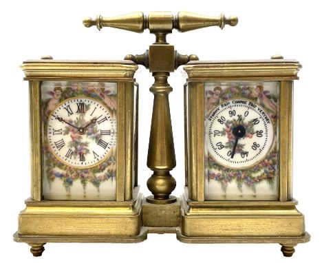 Brass and bevelled glass cased carriage timepiece clock and barometer, with painted porcelain panels depicting floral garland