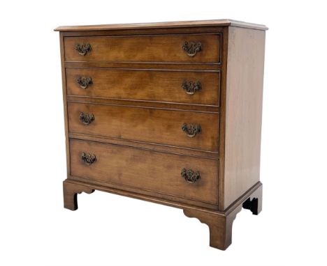 19th century red walnut and mahogany chest, four long graduating drawers fitted with pierced brass plate and swan neck drop h