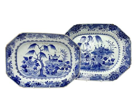Two late 18th/early 19th century Chinese export blue and white platters, of canted form, decorated with precious objects, wil