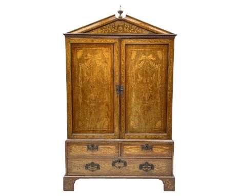 Georgian mahogany Dutch style marquetry press cupboard on chest, sloped finial pediment inlaid with trailing foliate, two pan