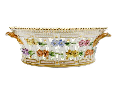 Royal Copenhagen Flora Danica basket, with naturalistically modelled vine handles and reticulated sides detailed with polychr