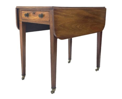 Early 19th century mahogany Pembroke table, rounded rectangular drop leaf top, single deep end drawer, on square tapering sup