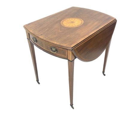 Sheraton period mahogany Pembroke table, moulded oval drop leaf top with mahogany crossbanding and central inlaid satinwood f