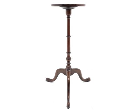 George III mahogany tripod candle stand or wine table, circular dished top with moulded edge, collar turned column on three s