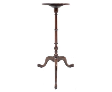 George III mahogany tripod candle stand or wine table, circular dished top with moulded edge, collar turned column on three s