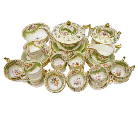 19th century English porcelain tea service, comprising teapot, thirteen teacups, eleven coffee cups, twelve saucers, twin han