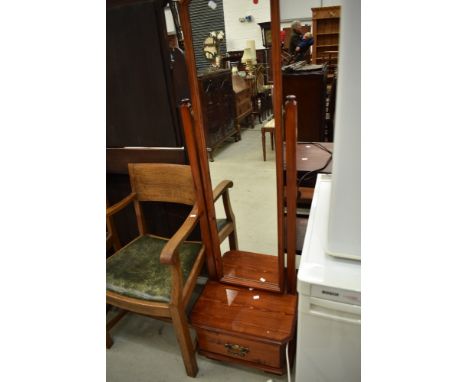 A modern red stain pine cheval mirror having deep drawer base with Georgian effect handle