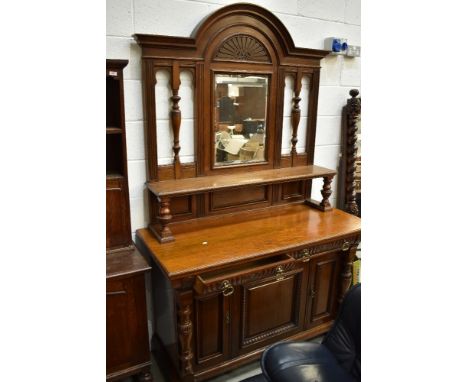 A Victorian oak mirror back sideboard , nice quality piece consigned from country house, with turned column supports and deta