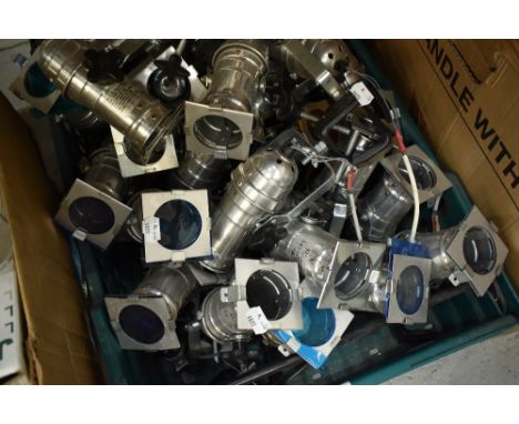 A crate of light fittings, mini Par Can style, some with coloured gels