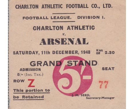 TICKET-CHARLTON-ARSENAL 48 Match ticket, Charlton v Arsenal, 11/12/48, seat ticket. Generally good