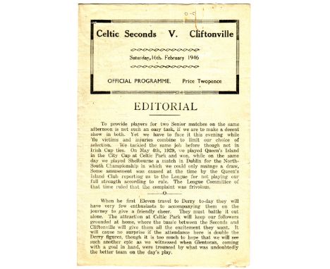 BELFAST CELTIC - CLIFTONVILLE 46 Unusual match programme as Belfast Celtic Reserves took on Cliftonville in the Irish Cup 16/