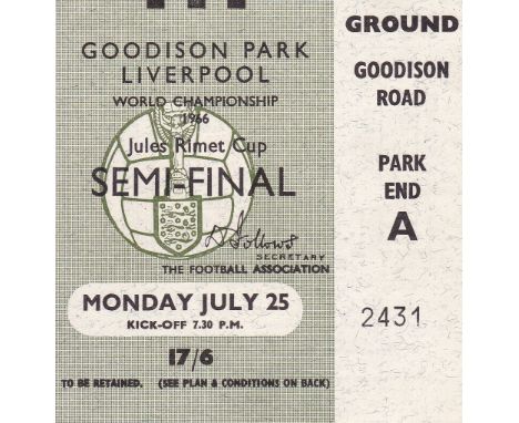 1966 WORLD CUP Ticket for the USSR v. West Germany Semi-Final at Everton FC 25/7/1966, very slight vertical crease. Generally