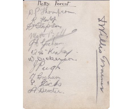 NOTTINGHAM FOREST AUTOGRAPHS 1933/4 An album sheet with 11 signatures including Thompson, Bell, Dexter. Pugh, McKinlay and Gr