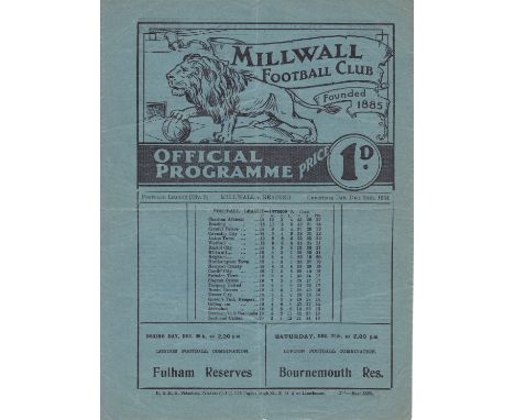 MILLWALL - READING 1934 Millwall home programme v Reading, 25/12/1934, Division 3 South, folds, small tear to edge, no writin