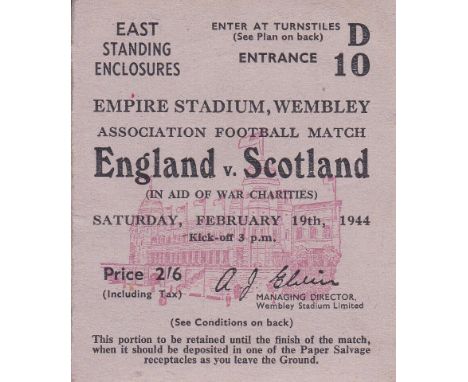 ENGLAND V. SCOTLAND 1943/4 Ticket for the match at Wembley 19/2/1944. Good