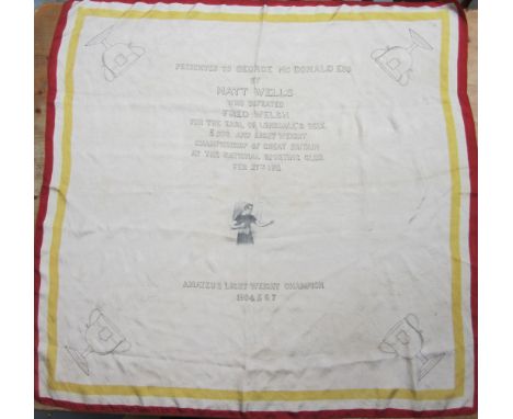 BOXING Large silk type material cloth measuring circa 90cm square and printed upon it is "Presented to George McDonald by Mat