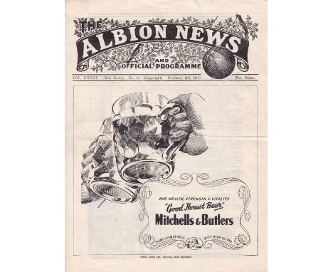 WEST BROM - WALSALL 45 West Brom home programme v Walsall, 3/2/45, score noted, slight folds, minor writing on back cover. Fa
