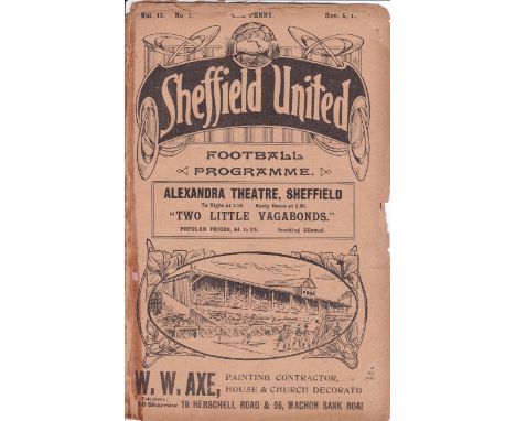 SHEF UTD- SHEF WED 1909 United home programme v Wednesday, 6/11/1909, League, ex bound volume, pages loose and a fair amount 