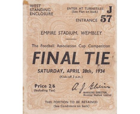 1934 F.A. CUP FINAL TICKET Manchester City v. Portsmouth ticket 2/6 Ent. 57. Very small mark top left. Generally good