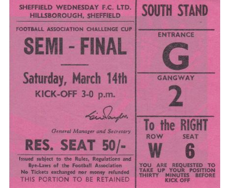 1970 FA CUP SEMI-FINAL TICKET Leeds United v. Manchester United 14/3/1970 played at Sheff. Weds. FC, slight vertical crease. 