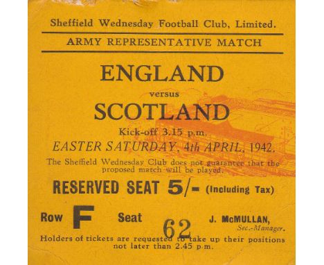 TICKET-ENGLAND-SCOTLAND 1942-SHEF WED Scarce match ticket, England v Scotland Army Representative Match at Sheffield Wednesda