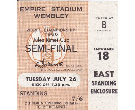 1966 WORLD CUP Ticket for the England v. Portugal Semi-Final at Wembley 26/7/1966. Good