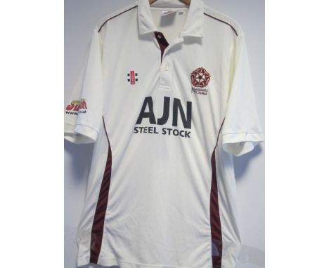 ANDREW HALL - NORTHANTS Northants white County Cricket playing shirt, short sleeved, "Hall 1" on the back, sponsor is "AJN St