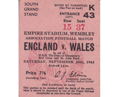 ENGLAND V. WALES 1943 Seat ticket for the match at Wembley 25/9/1943. Good