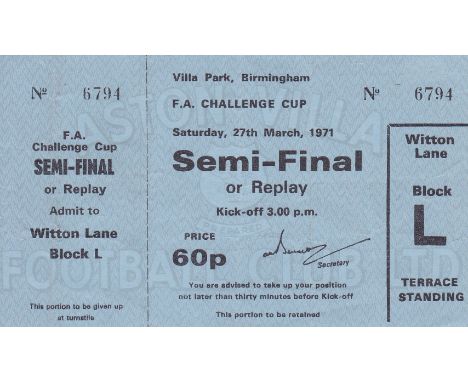 1971 FA CUP SEMI-FINAL REPLAY TICKET Unused ticket with the counterfoil intact for Arsenal v. Stoke City 31/3/1971 played at 
