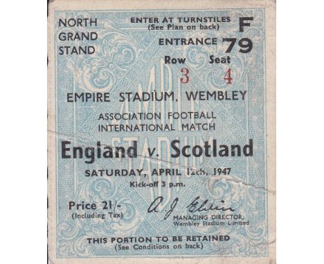 ENGLAND V. SCOTLAND 1947 Ticket for the match at Wembley 12/4/1947. Seat ticket is folded. Generally good