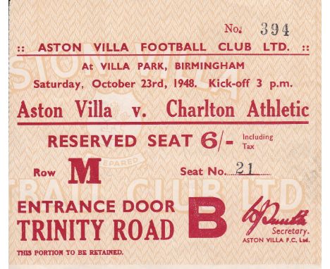 TICKET- VILLA-CHARLTON 48 Match ticket, Aston Villa v Charlton, 23/10/48, seat ticket, minor folds. Generally good