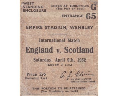 ENGLAND V. SCOTLAND 1932 Ticket for the match at Wembley 9/4/1932 which has been trimmed and slightly worn. Fair