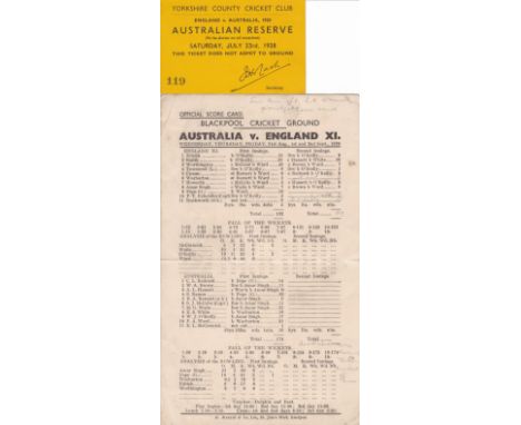 ENGLAND V. AUSTRALIA CRICKET Three scorecards for matches in England:- Test Matches at Lancashire CCC 1934 and Notts. CCC 193