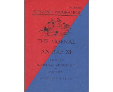 ARSENAL Programme for the postponed match v. An RAF XI 11/8/1945 at Herne in Germany. Annotations inside advise that the matc
