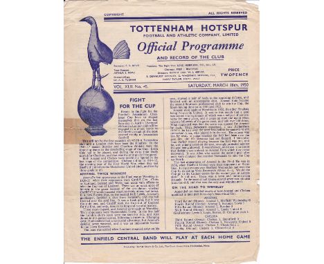 1950 FA CUP SEMI-FINAL PROGRAMME Arsenal v. Chelsea 18/3/1950 at Tottenham Hotspur. Folded, tape mark, worn and pencil annota