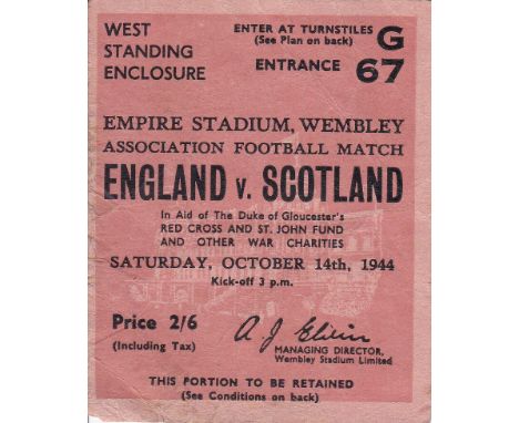 ENGLAND V. SCOTLAND 1944/5 Ticket for the match at Wembley 14/10/1944, creased. Generally good