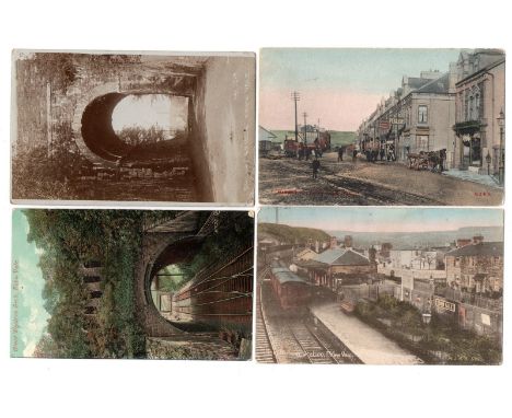 Ebbw Vale rly station colour card plus market street, railway crossing, plus colour of Great Western Arch and RP of railway b
