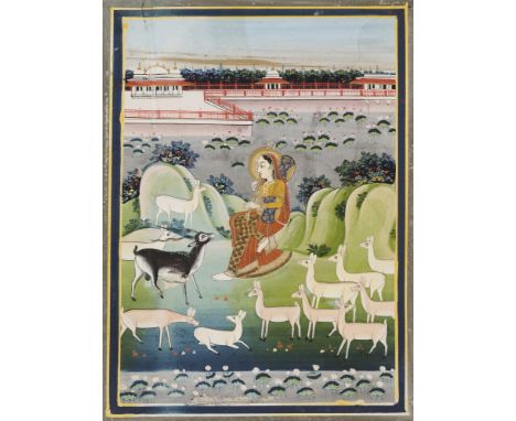 AN ILLUSTRATION FROM A RAGAMALA: TODI RAGINI, JAIPUR, NORTHERN INDIA, 19TH CENTURY  in colour and gold on paper, the seated f
